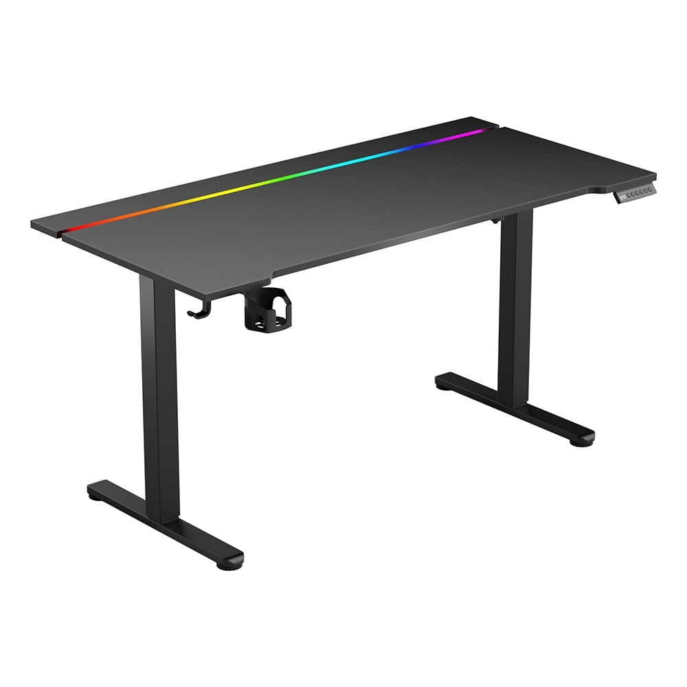 The black desk with its RGB strip lit