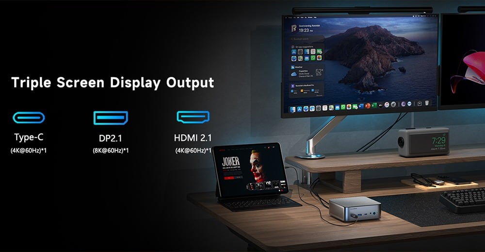 A desk with three displays