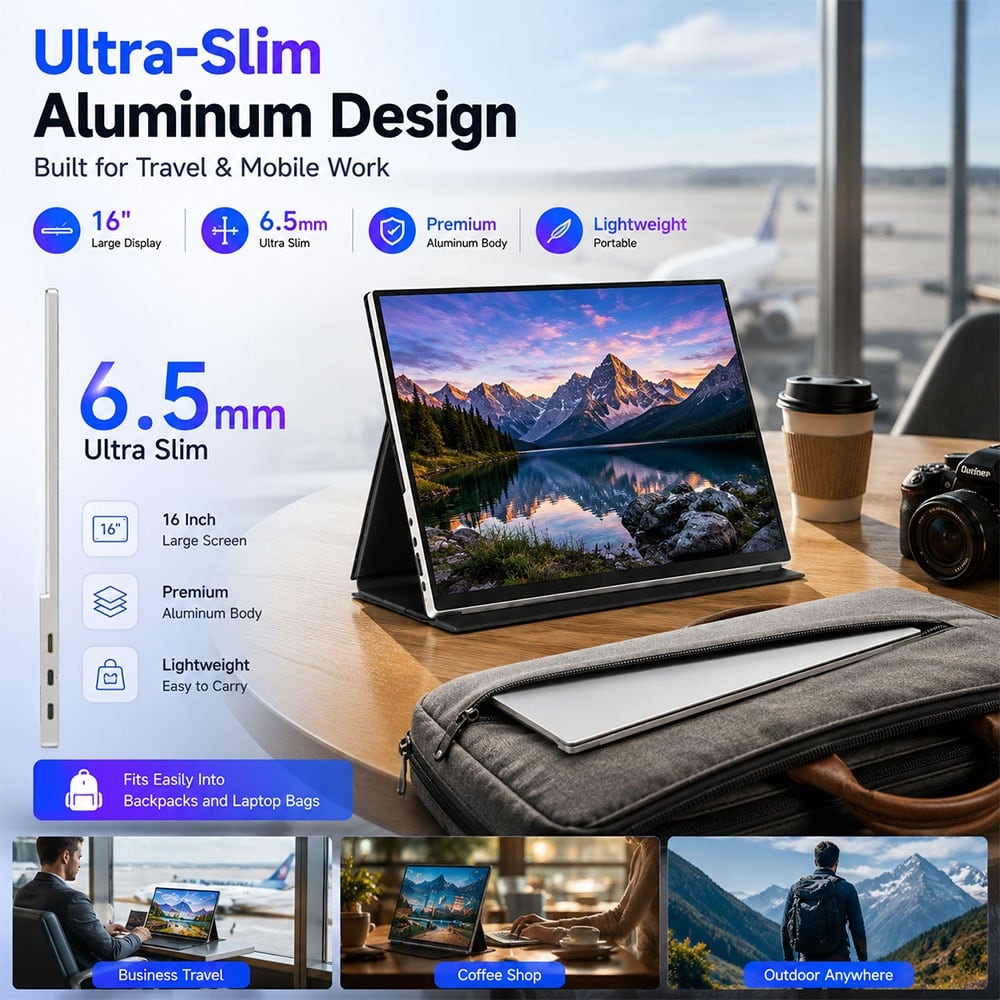 The slim aluminium body on a café table
