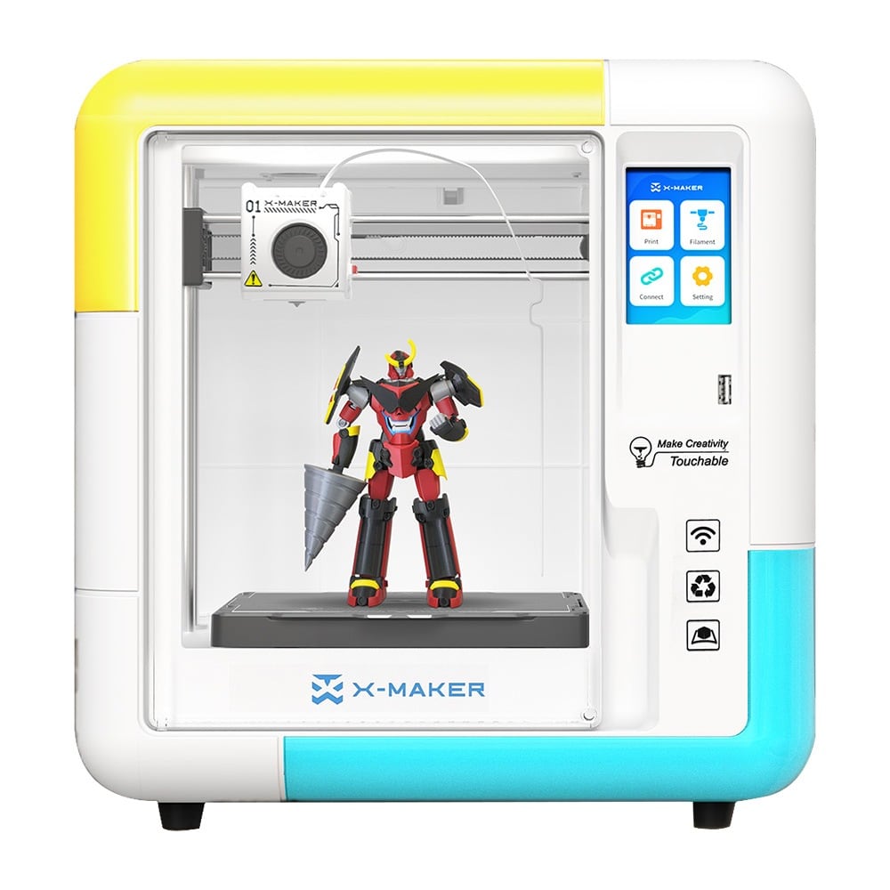 The yellow and aqua enclosed printer with a printed robot