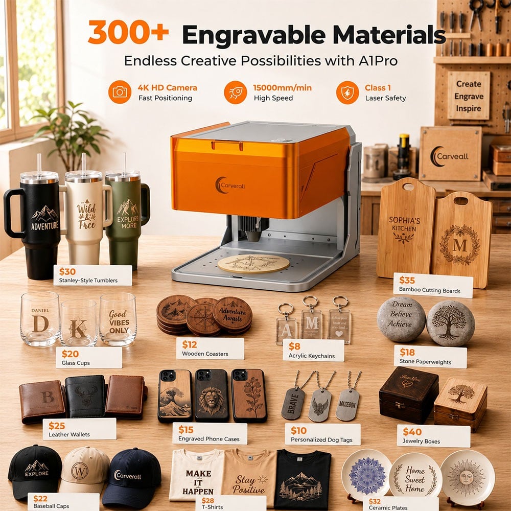 Engraving examples on wood, leather and cups