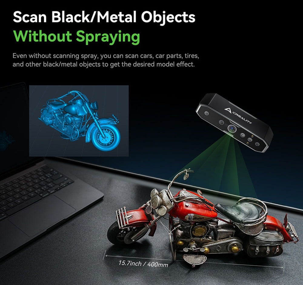 Scanning a metal motorbike model without spray