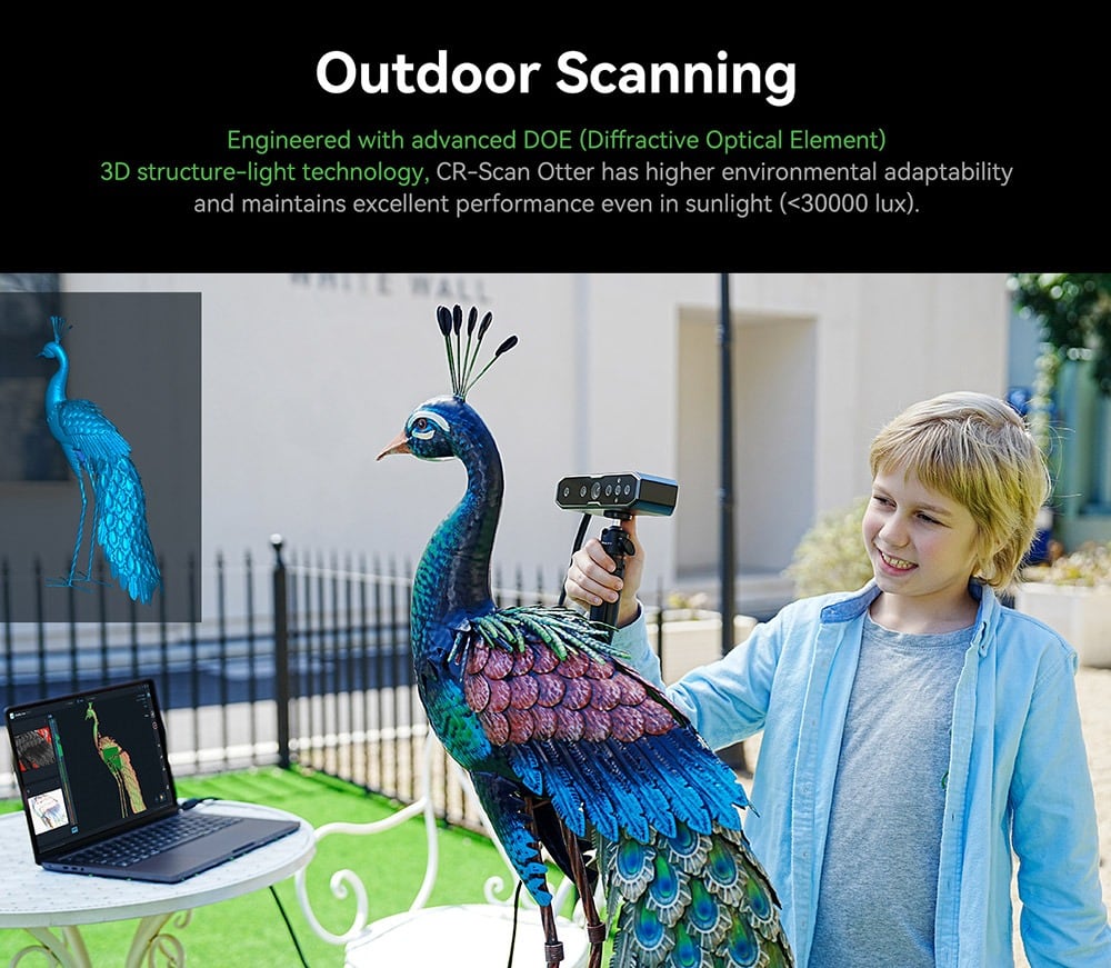 Scanning a peacock sculpture outdoors in sunlight