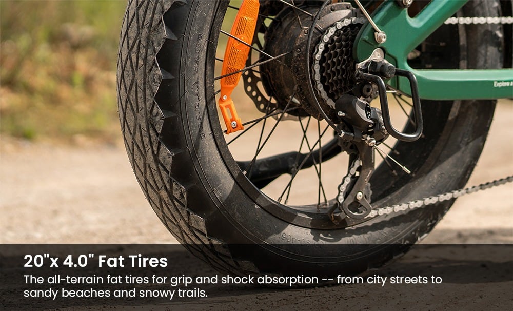 The 20 × 4.0-inch fat tyre and derailleur