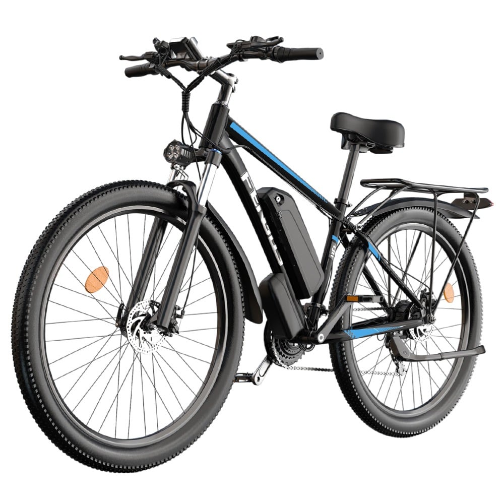 La bici negra y azul de 27,5 pulgadas de tres cuartos