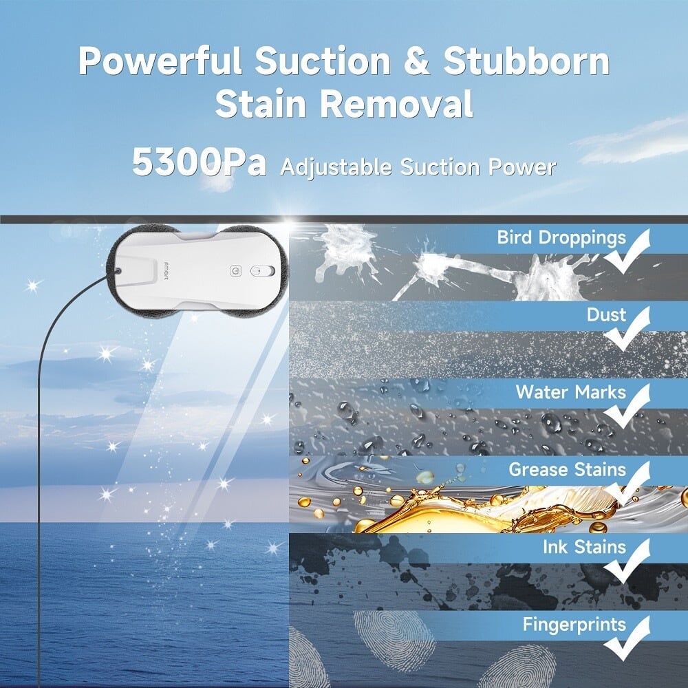 Wiping stains with 5,300 Pa suction