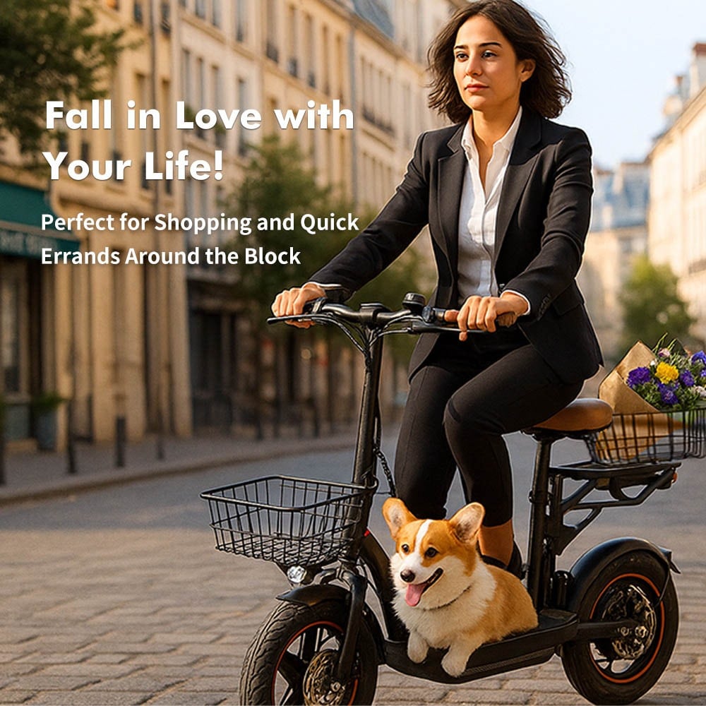 Riding in town with a dog in the basket