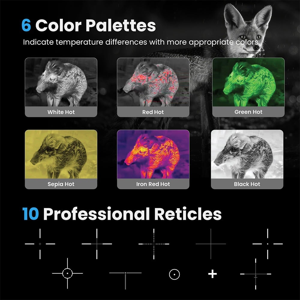 Six colour palettes and ten reticles