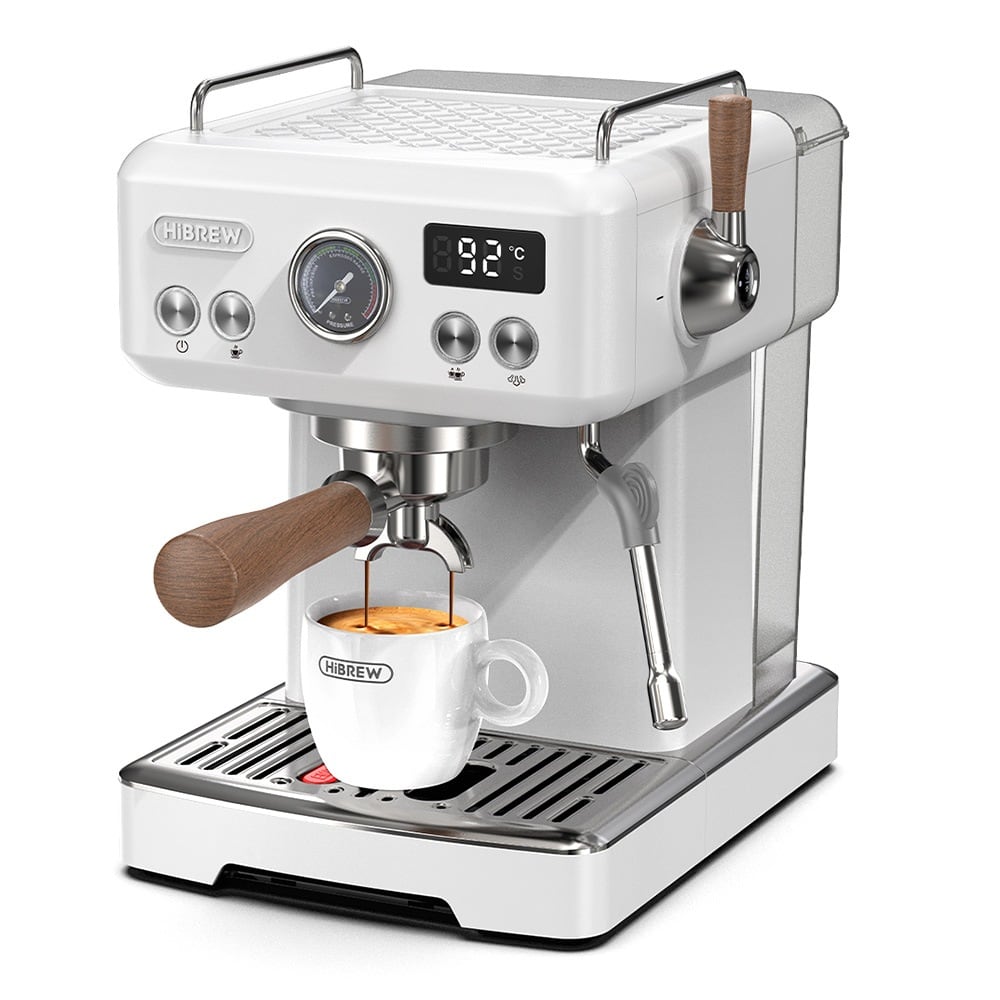 The white machine with a wood-handled portafilter