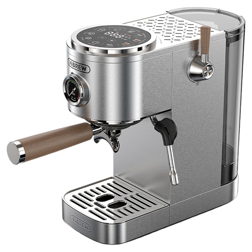 The silver machine with its wood-handled portafilter