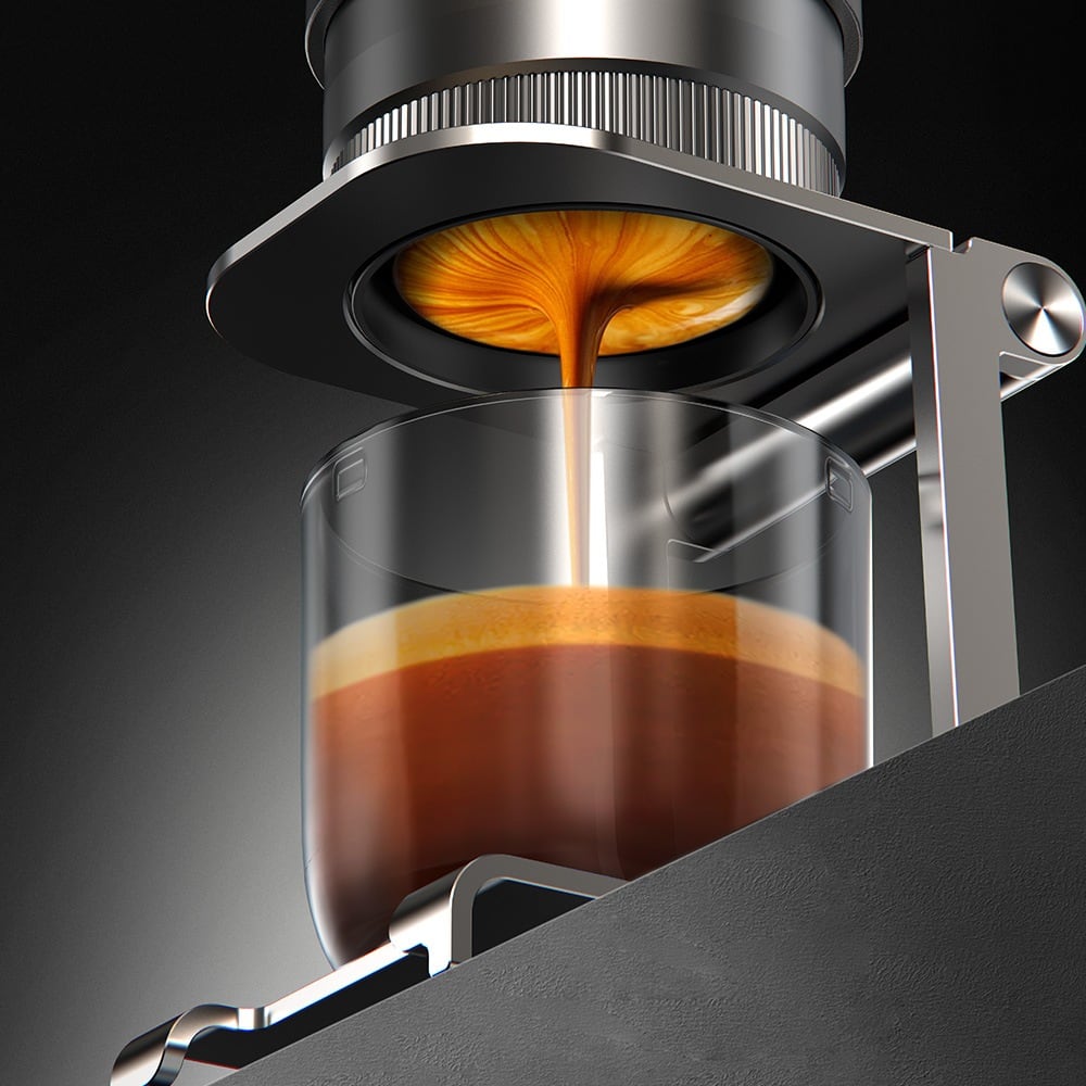 Espresso flowing into a glass on the stand