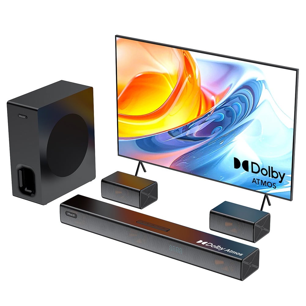 Soundbar, sub and rear speakers in front of a TV