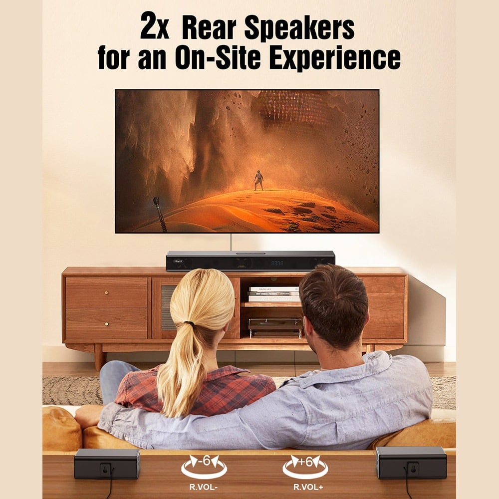 Rear speakers placed either side of a sofa