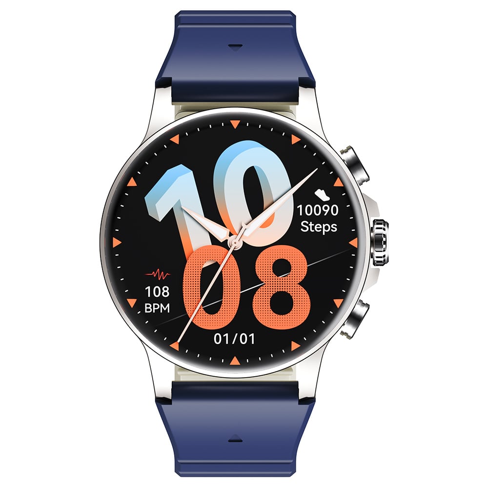 Front view, silver case and navy strap