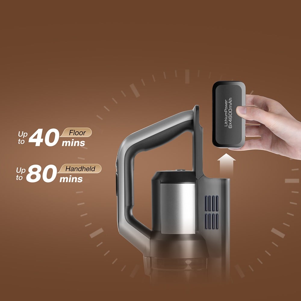 40 min on floors, 80 min handheld, swappable battery