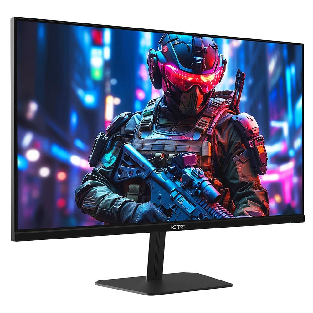 The black monitor on its stand, front view