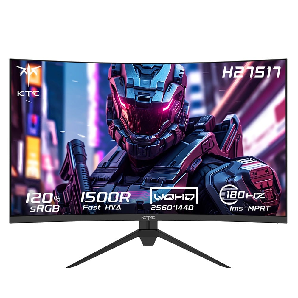 The curved monitor on its tripod stand, front view