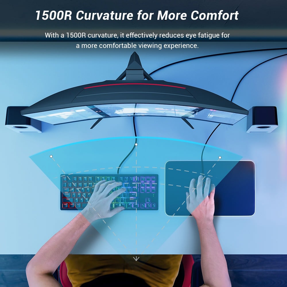 The 1500R curve wrapping the view at a desk