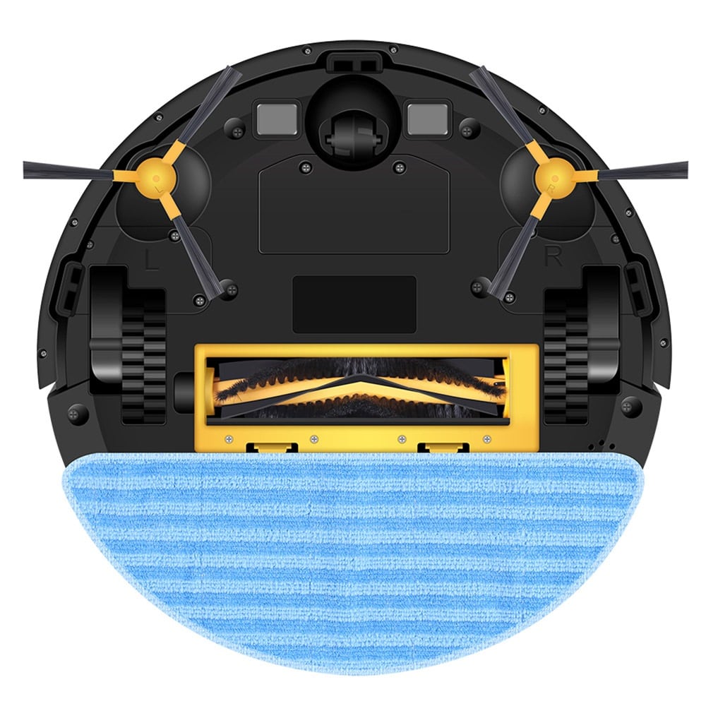 The underside with V-shaped brush and mop pad