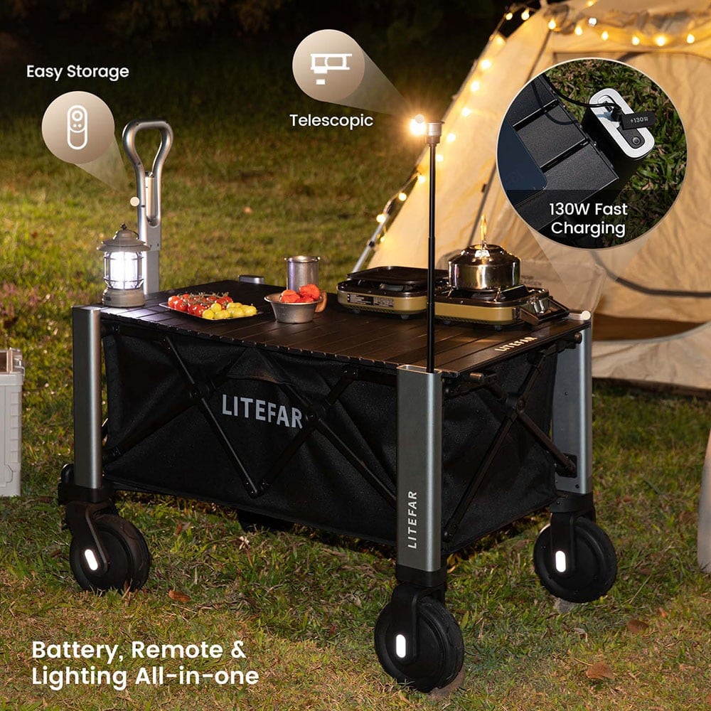 At a night campsite with light and battery