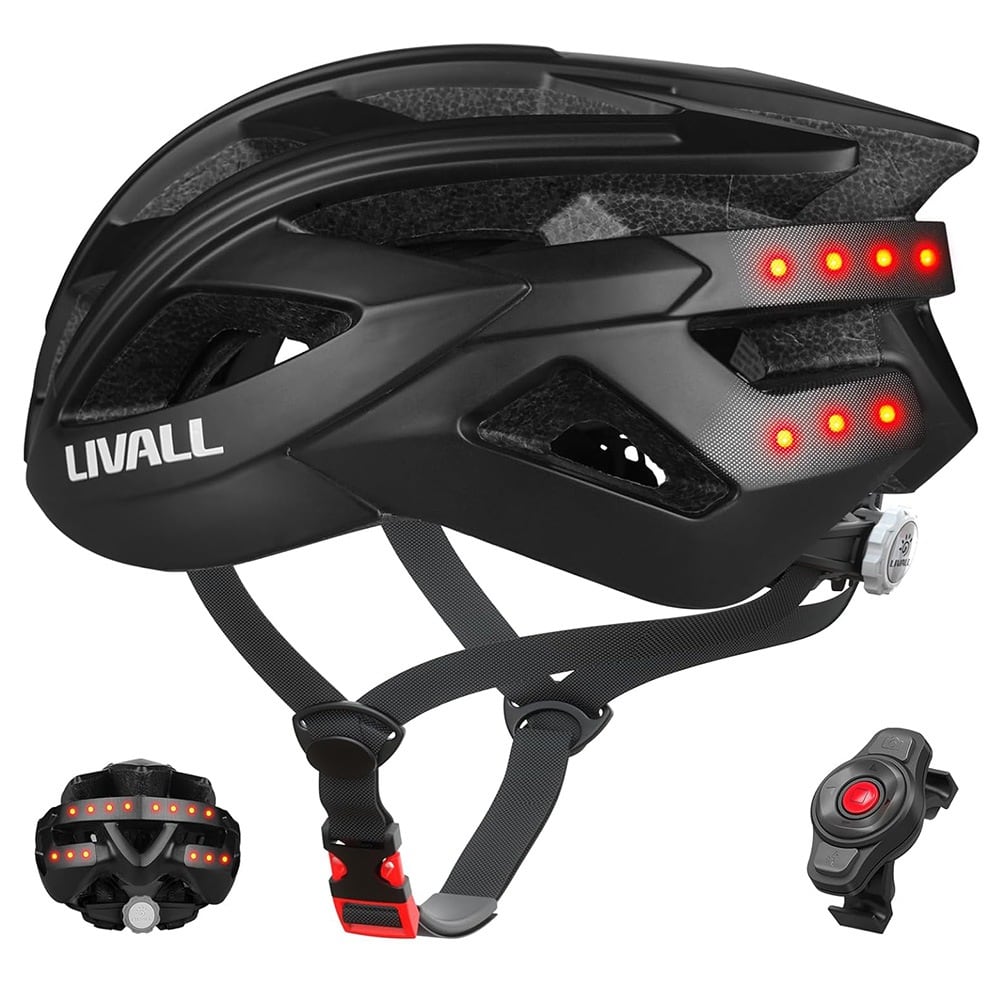 The black helmet with tail light and handlebar remote