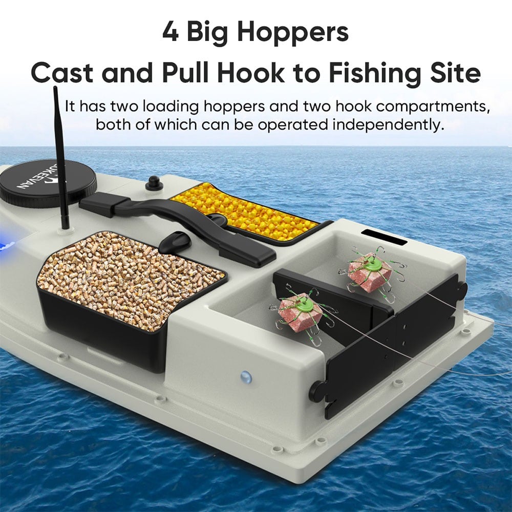 Two bait hoppers and two hook-rig hoppers