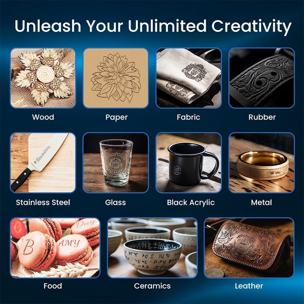 Engraving examples on wood, metal, glass, leather and more