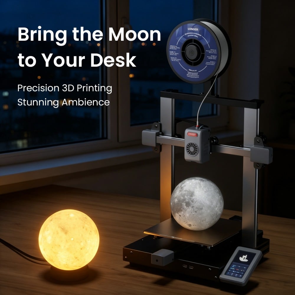 On a desk with a printed moon lamp