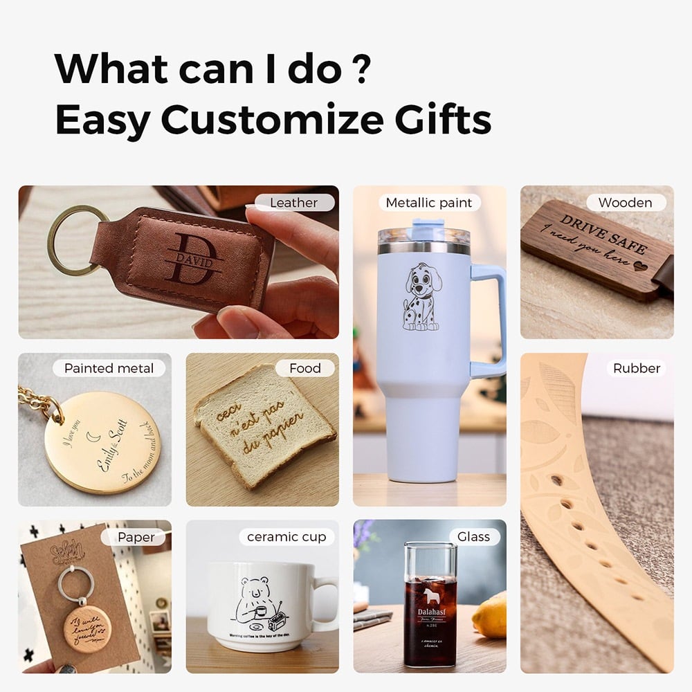 Engraved examples on leather, a tumbler, wood and more
