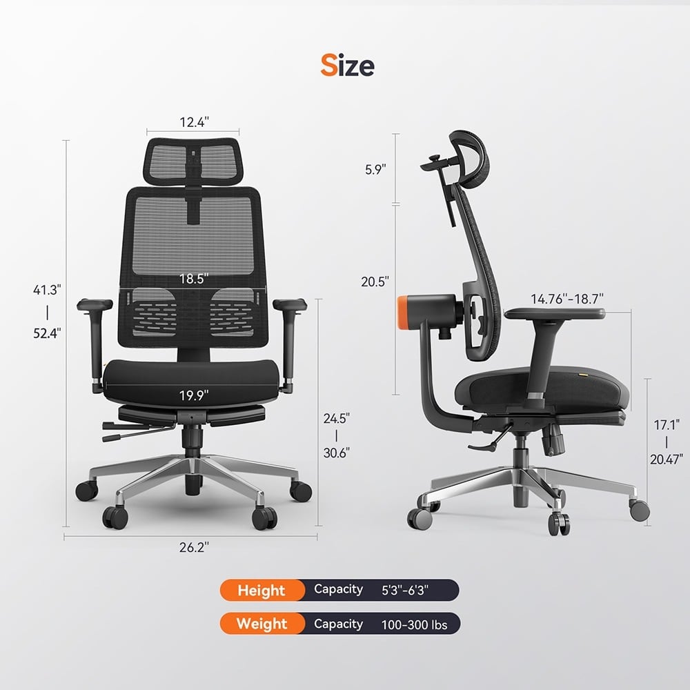 Chair dimensions with height and weight range
