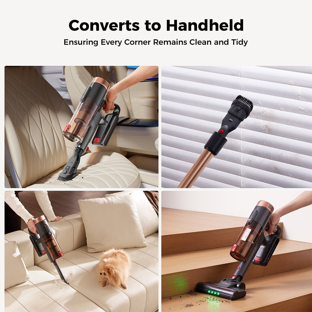Handheld cleaning on a sofa and stairs