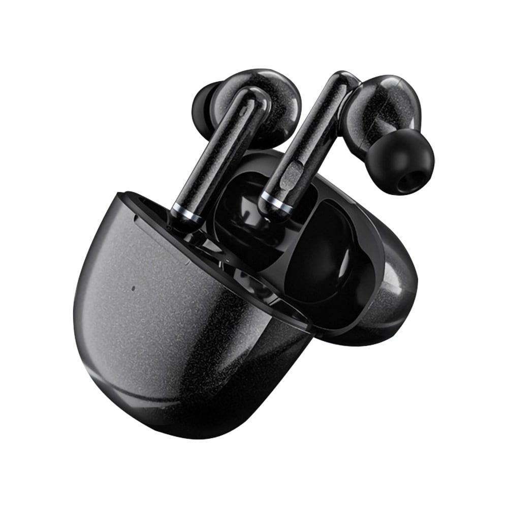 Black earbuds above the case