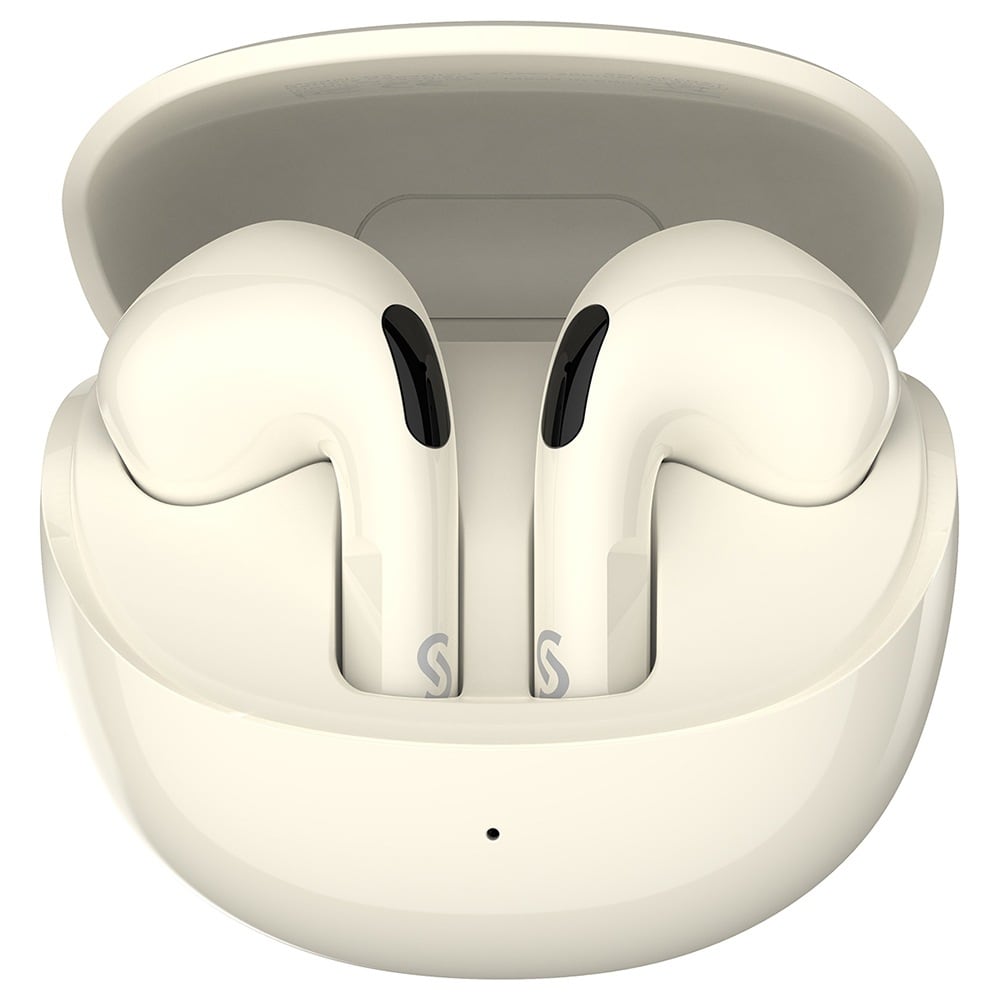 Beige earbuds sitting in the case