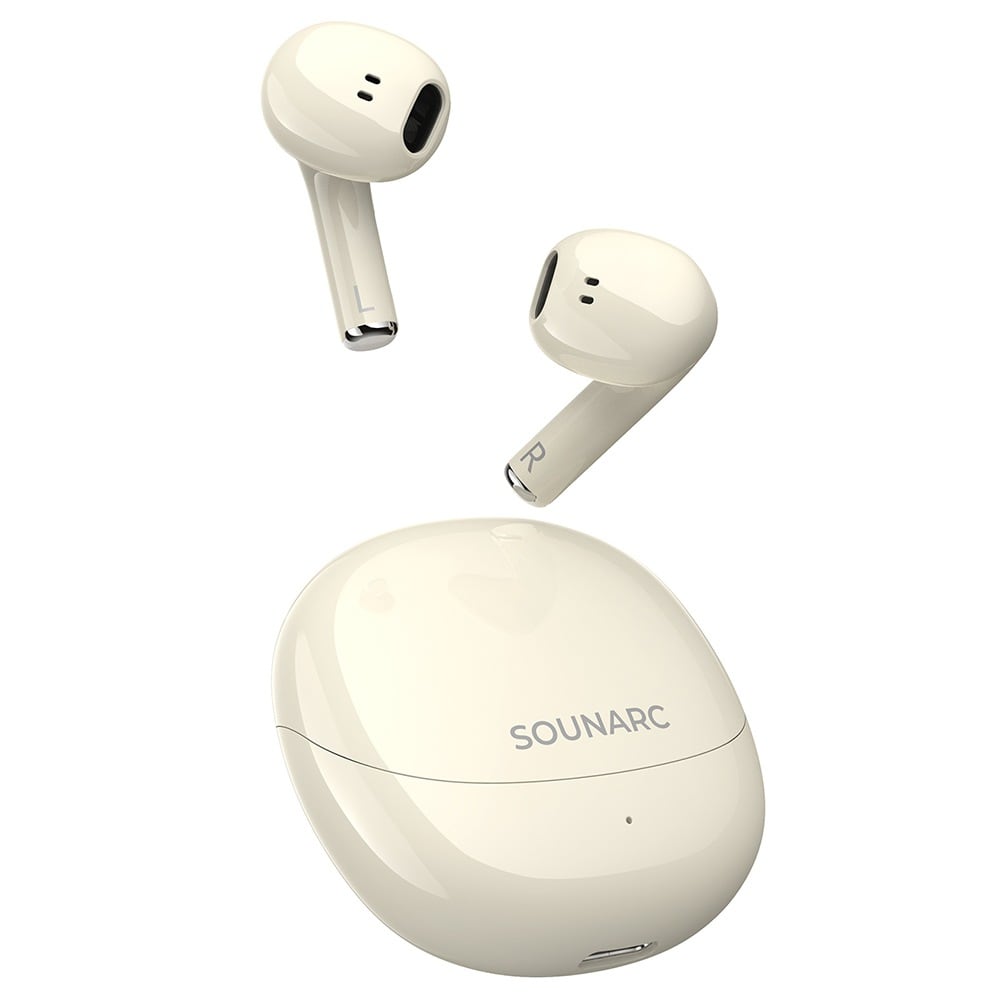 The earbuds floating above the case