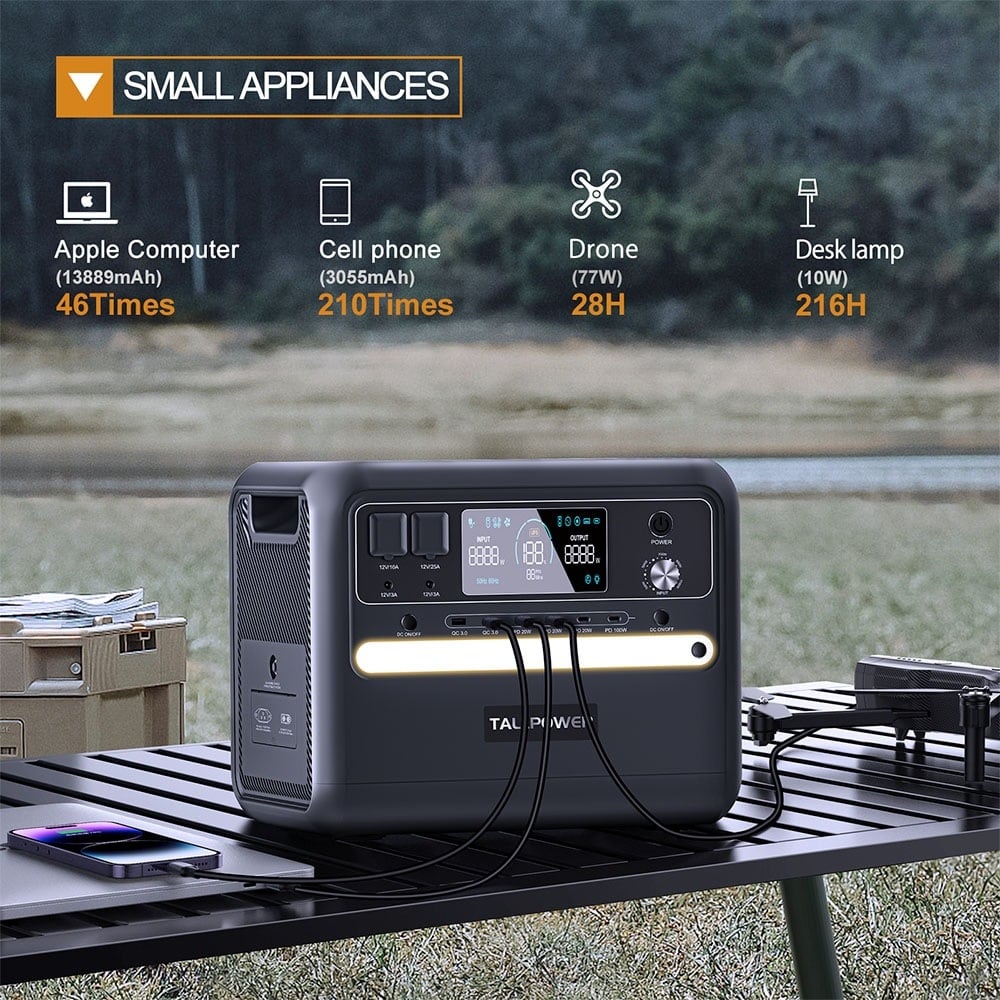 Cargando portátil y móvil en una mesa de camping
