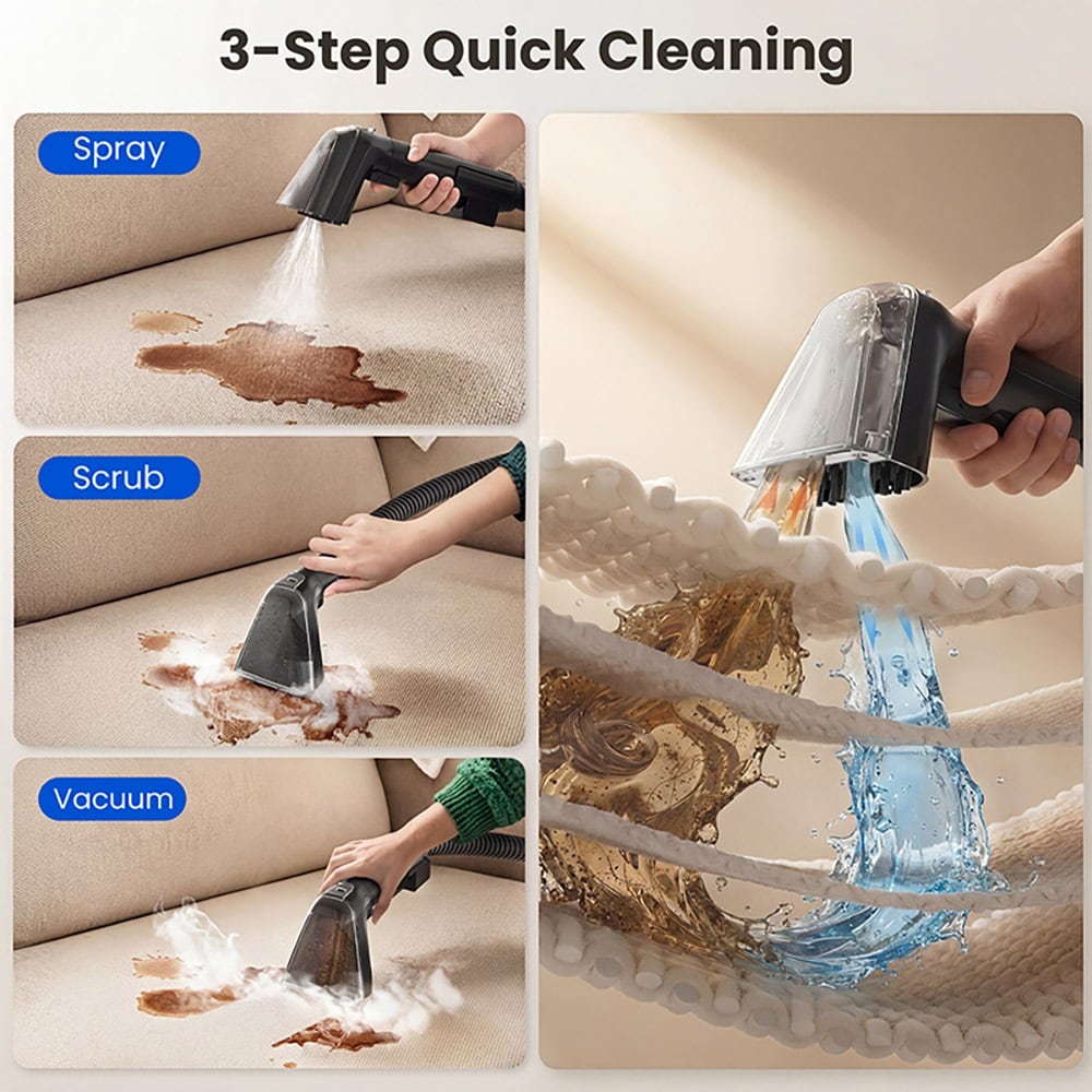Spray, scrub and vacuum in three steps