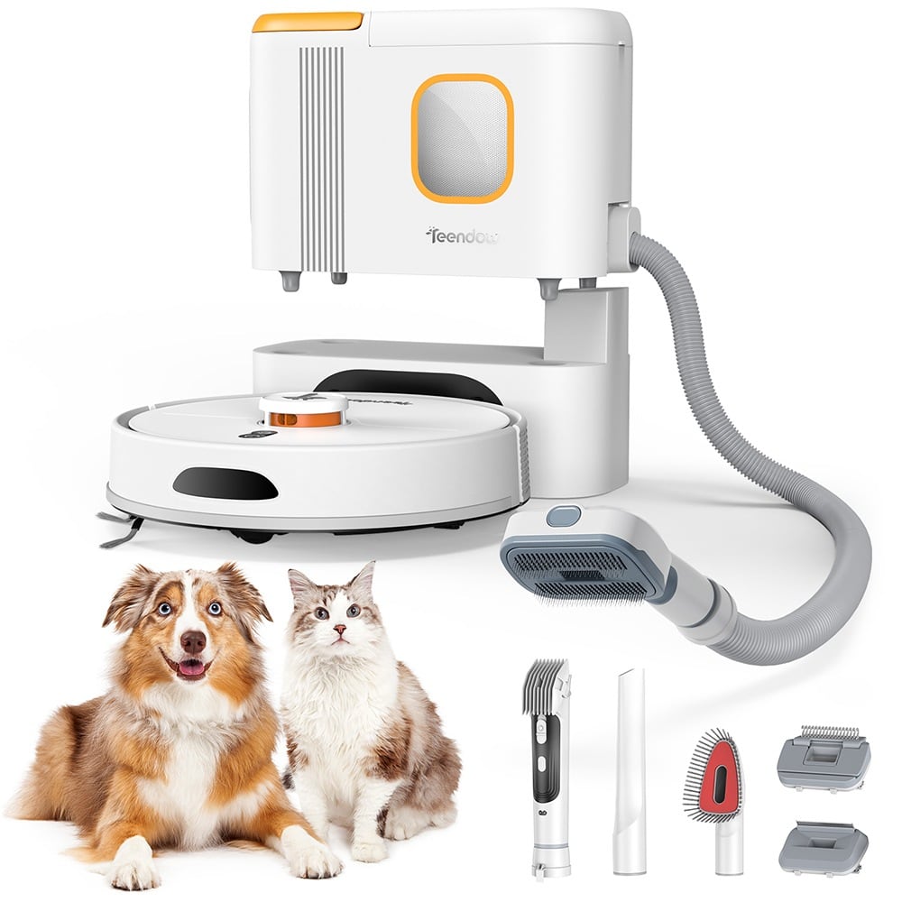Base, robot y accesorios de aseo con un perro y un gato