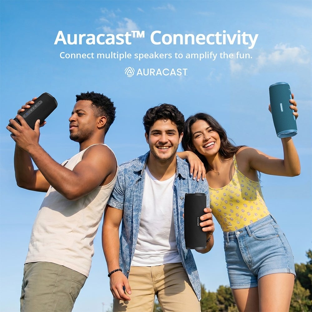 Friends holding several speakers together