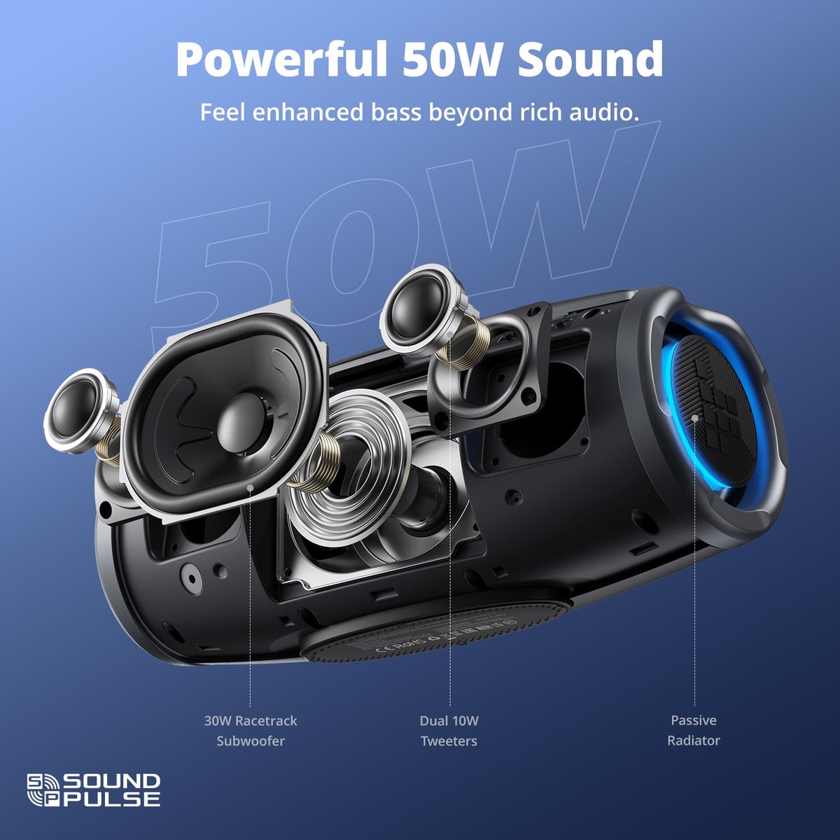 The 30 W woofer and two 10 W tweeters inside