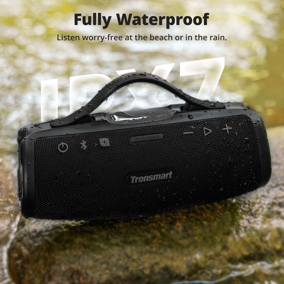 The IPX7 speaker on a wet rock