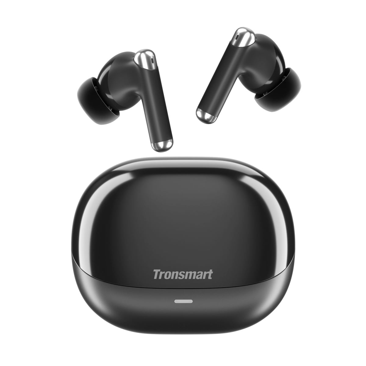 Both earbuds floating above the closed case