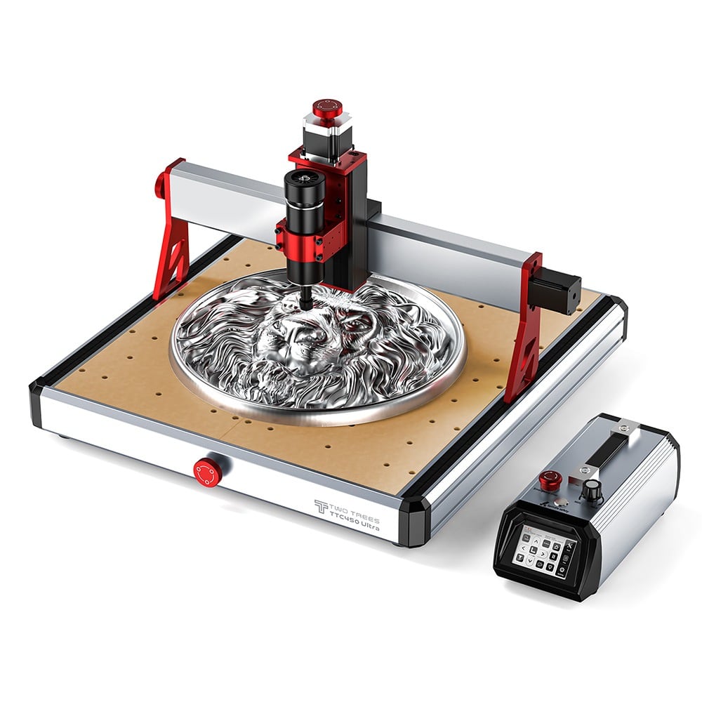 The TTC450 Ultra carving a metal relief, with its control box