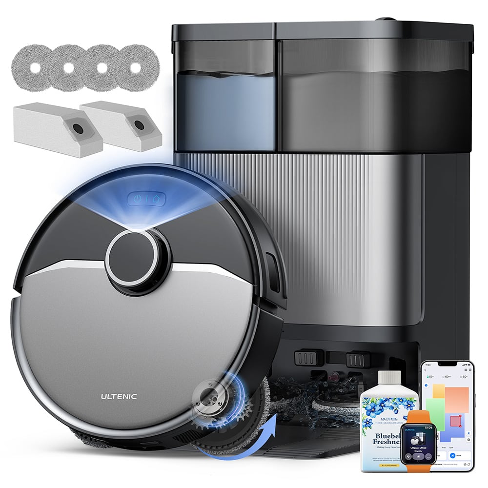 Robot, station, mop pads, dust bags and cleaner