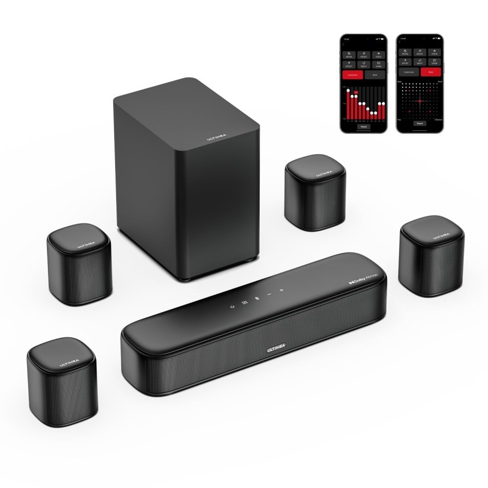 Barra, subwoofer y cuatro altavoces envolventes