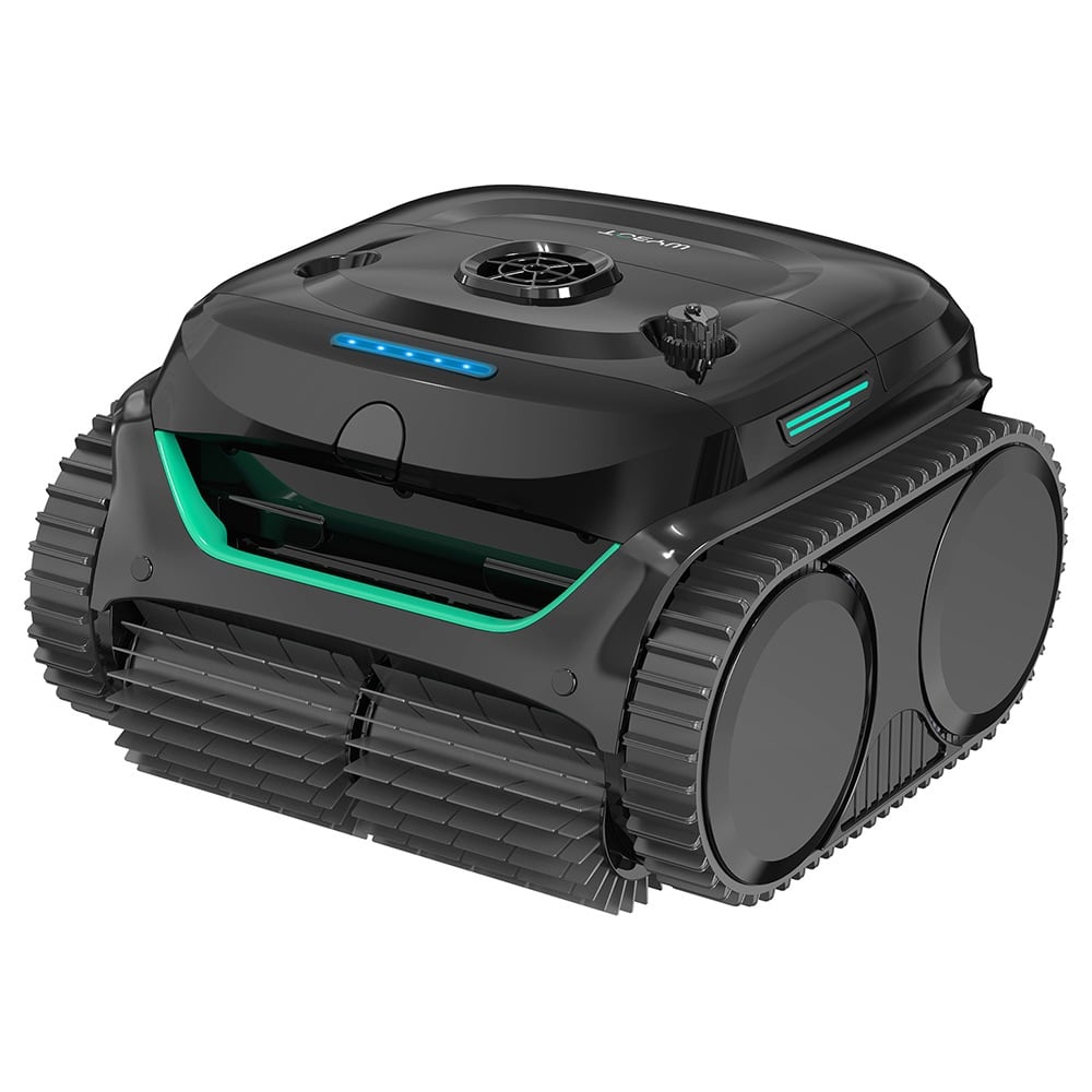 The black tracked robot with green accents