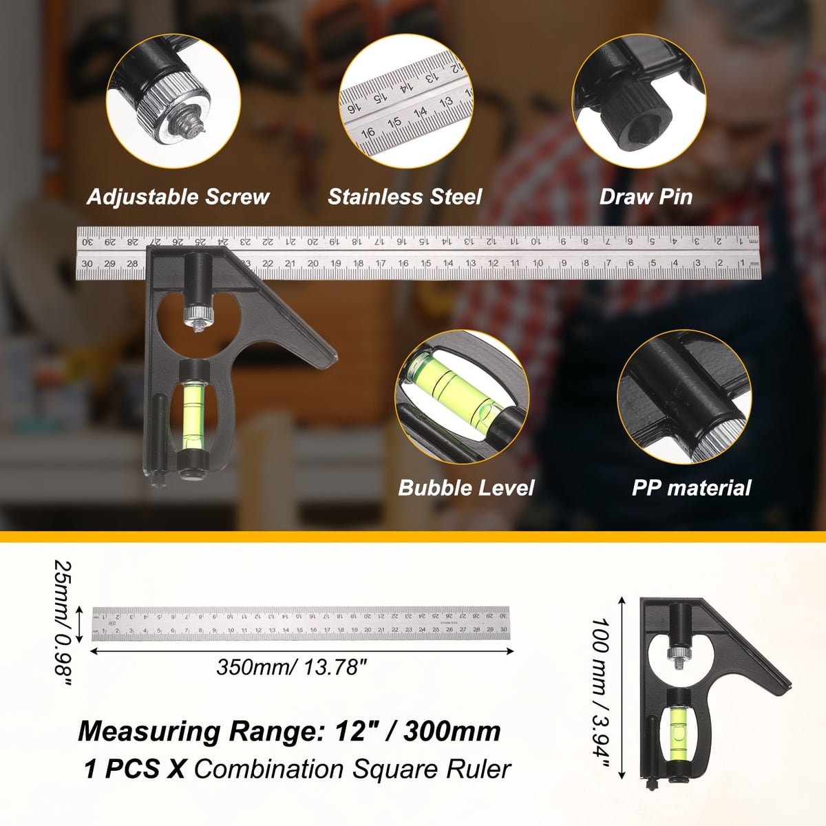 Parts: adjusting screw, stainless rule, bubble level
