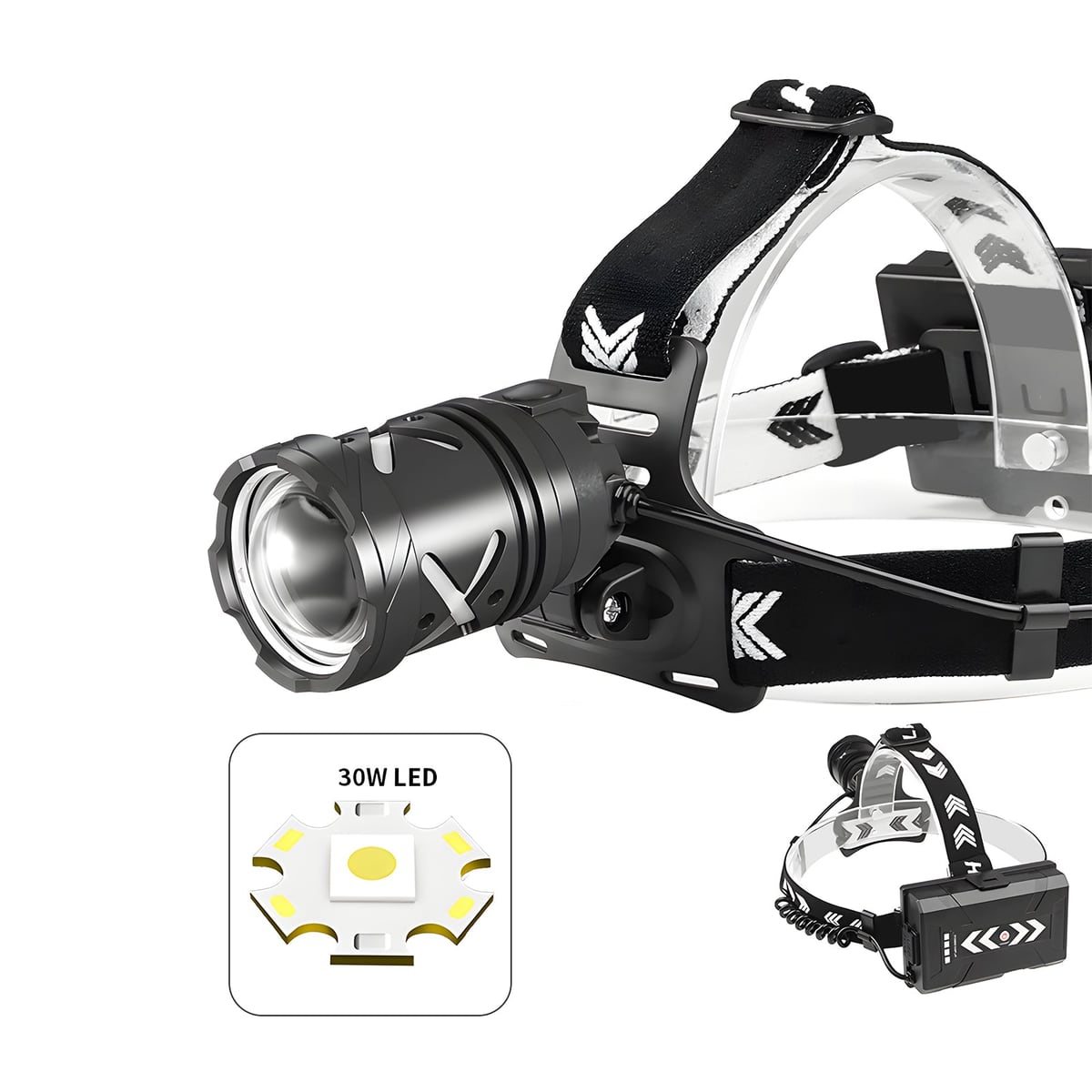 The 30 W LED and headband