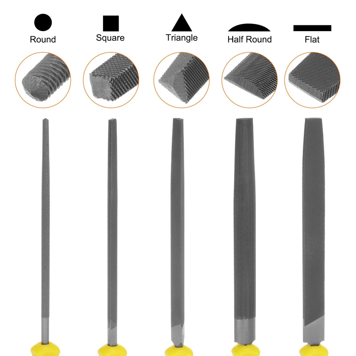 Round, square, triangle, half-round and flat