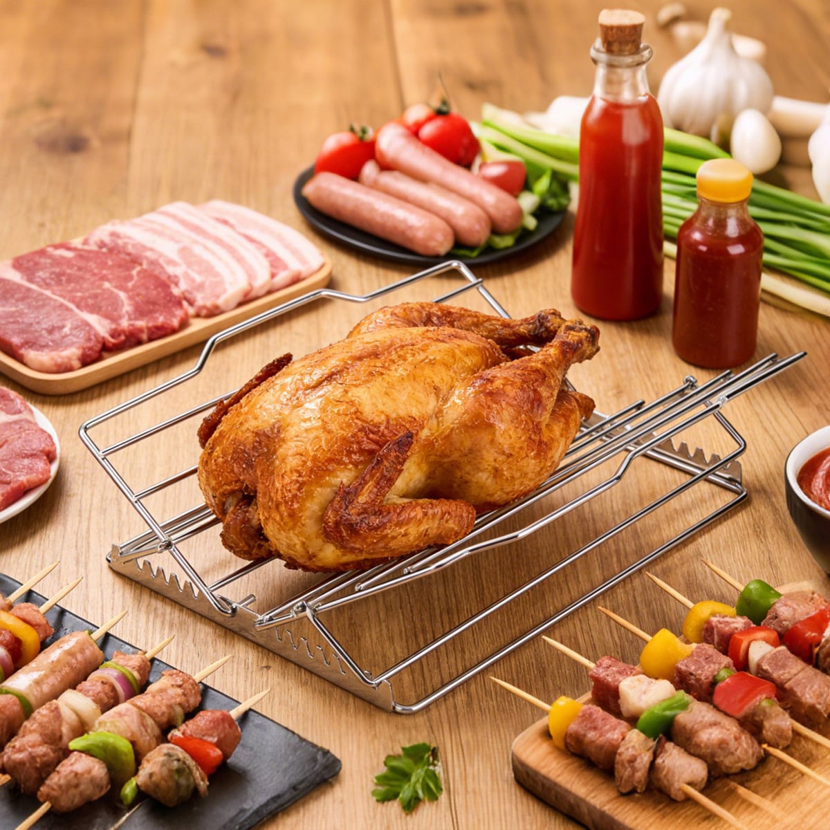 A roast chicken on the rack