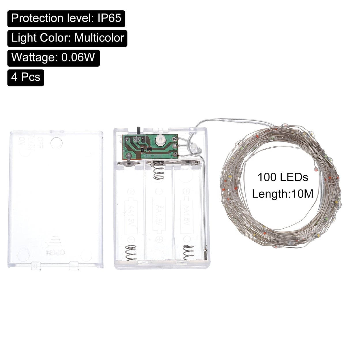 100 LED, 10 m, portapilas